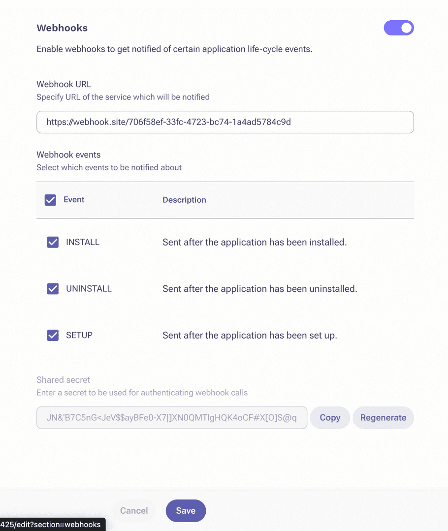 Configuring application lifecycle webhooks