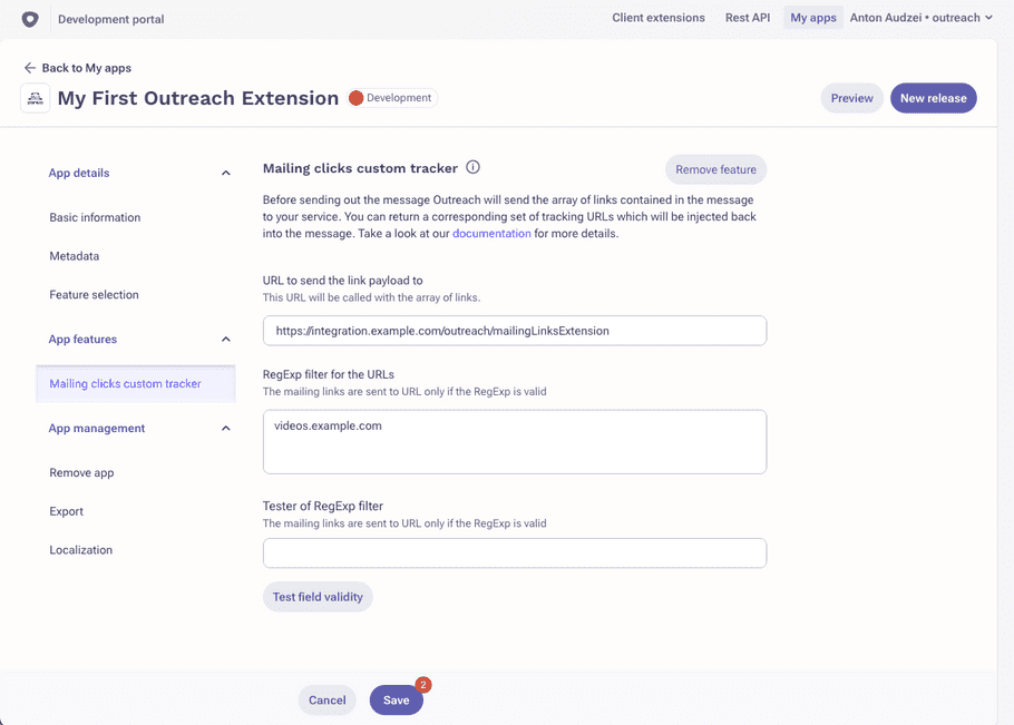 Custom link tracker extension configuration